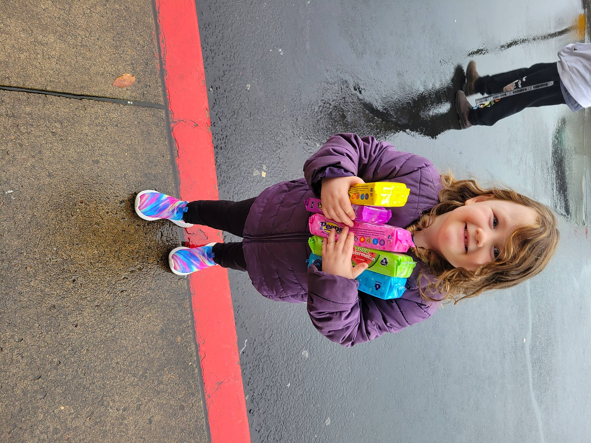 Madalynn is registered to the contest to win money with this photo: asphalt, child, electric_blue, fun, happy, joy, leisure, magenta, person, pink, plant, purple, recreation, road_surface, shadow, sidewalk, smile, tints_and_shades, toddler, tree