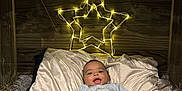 Khadim participe au concours pour gagner de l'argent avec cette photo : baby, infant, smile, blanket, pillow, star_lights, fairy_lights, wood_panel, wooden_frame, garland, ornaments, angel_ornament, bedding, socks, pants, shirt, cozy, holiday, decorations, portrait