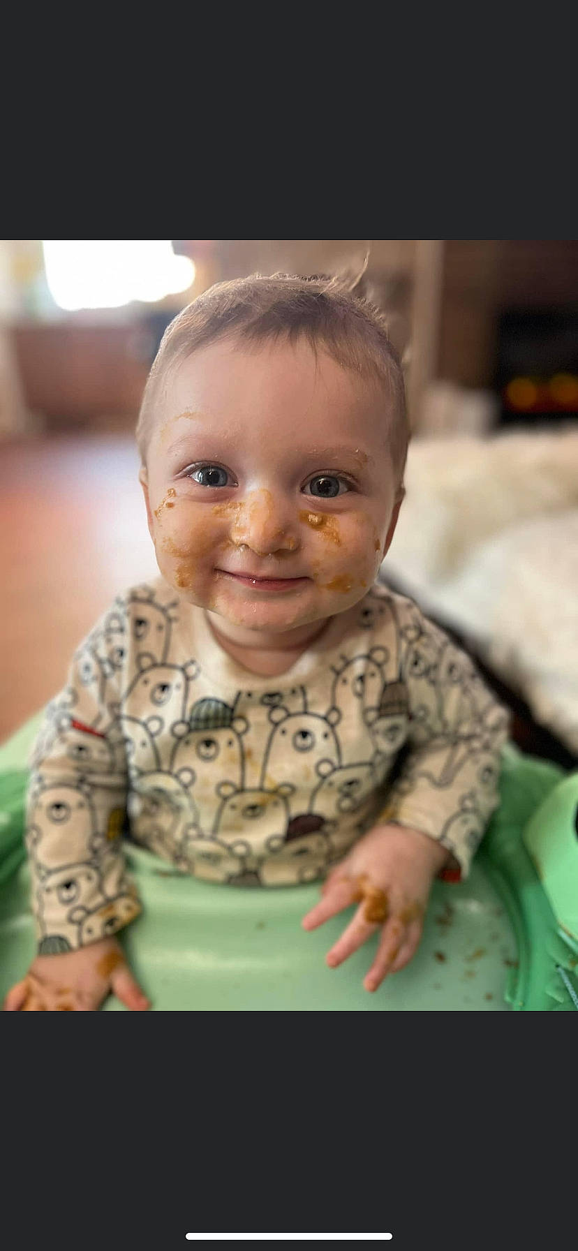 Casey is registered to the contest to win money with this photo: baby, baby_toddler_clothing, cheek, child, eyebrow, flooring, forehead, fun, happy, iris, joy, leisure, nose, person, portrait_photography, room, sitting, skin, sleeve, smile