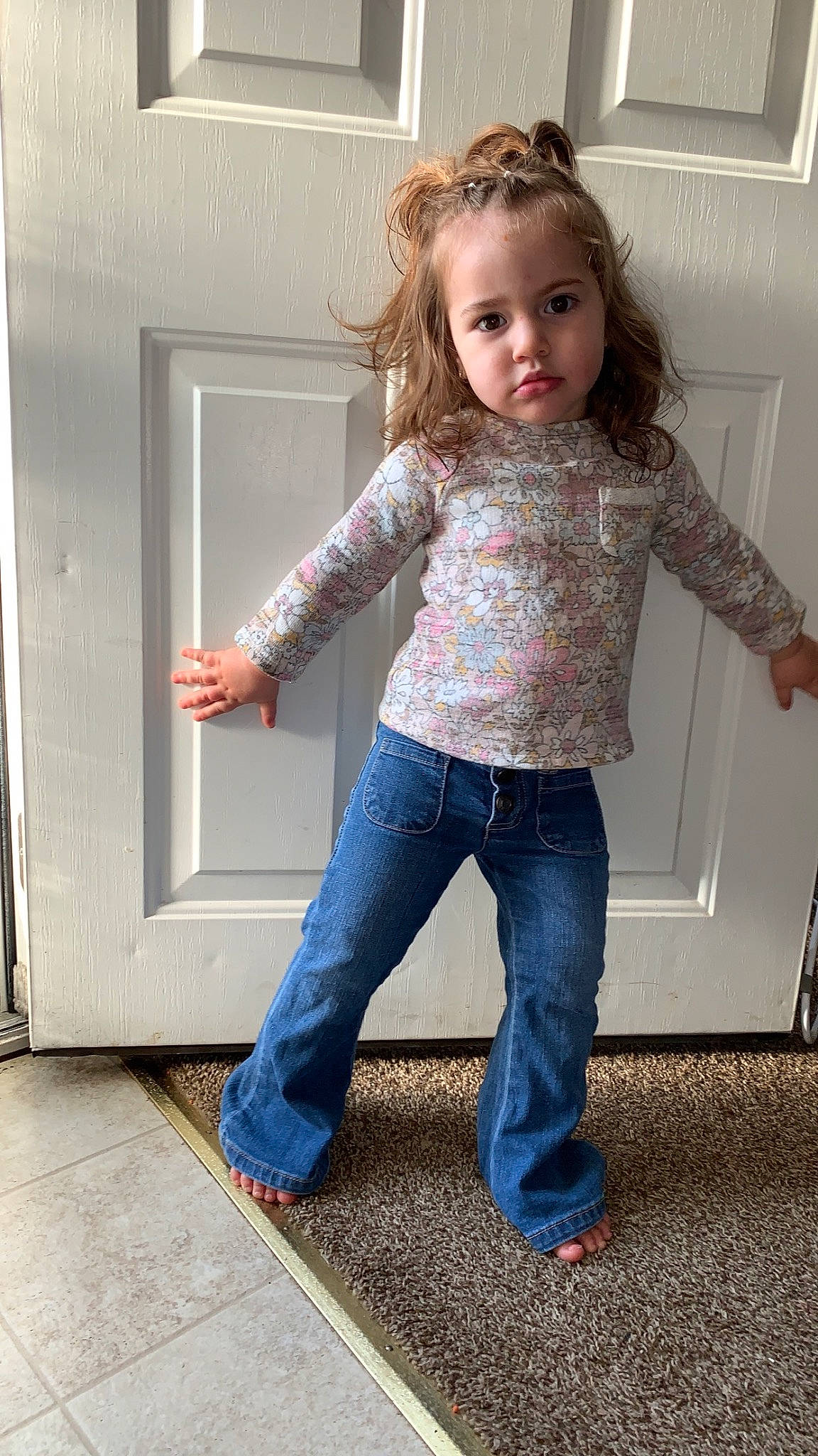 Brinleigh joined the competition — help win amazing prizes! blond, child, denim, electric_blue, fashion, floor, flooring, fun, gesture, hairstyle, human_leg, jeans, joint, leg, pattern, person, shoulder, sleeve, standing, toddler