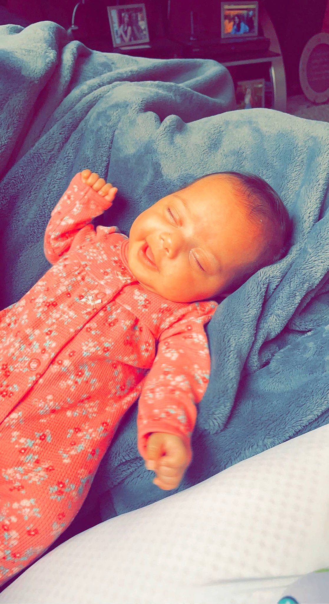 Oaklee is registered to the contest to win money with this photo: baby, baby_sleeping, baby_toddler_clothing, bedtime, cheek, child, comfort, electric_blue, eye, face, linens, magenta, mouth, nose, orange, person, room, skin, sleeve, textile