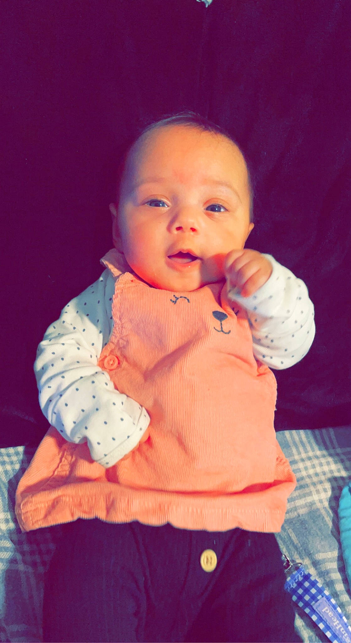 Oaklee joined the competition — help win amazing prizes! baby, baby_toddler_clothing, cheek, chin, eye, face, gesture, hand, happy, head, human_body, iris, leg, lip, mouth, neck, nose, orange, person, skin