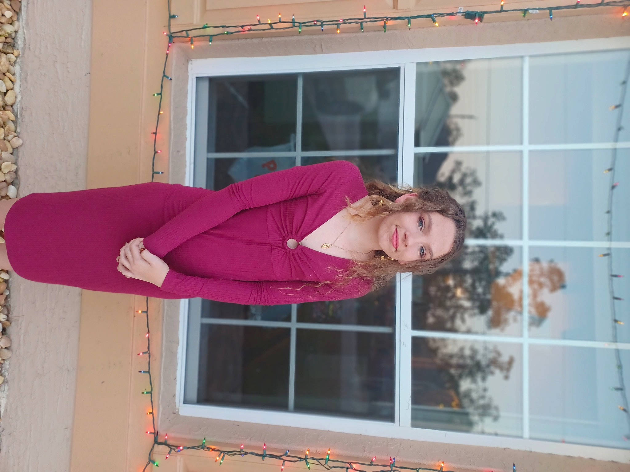 Charlotte joined the competition — help win amazing prizes! building, dress, facade, fixture, house, joy, magenta, person, pink, room, sleeve, smile, thigh, window, wrist