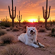 Appa is registered to the contest to win money with this photo: dog, white_dog, desert, cactus, sunset, outdoor, animal, smiling_dog, nature, sand, shrub, sky, sun, sunlight, landscape, flora, relaxing, happy, pet, wildlife