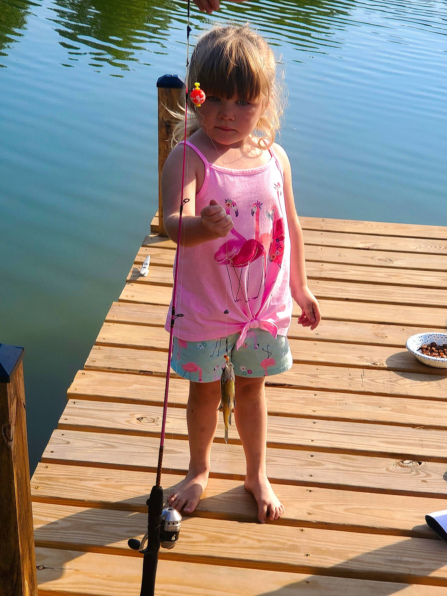 Paislee joined the competition — help win amazing prizes! beauty, body_of_water, dock, fun, happy, lake, leg, leisure, light, morning, people_in_nature, person, plank, recreation, snapshot, standing, summer, toddler, water, wood