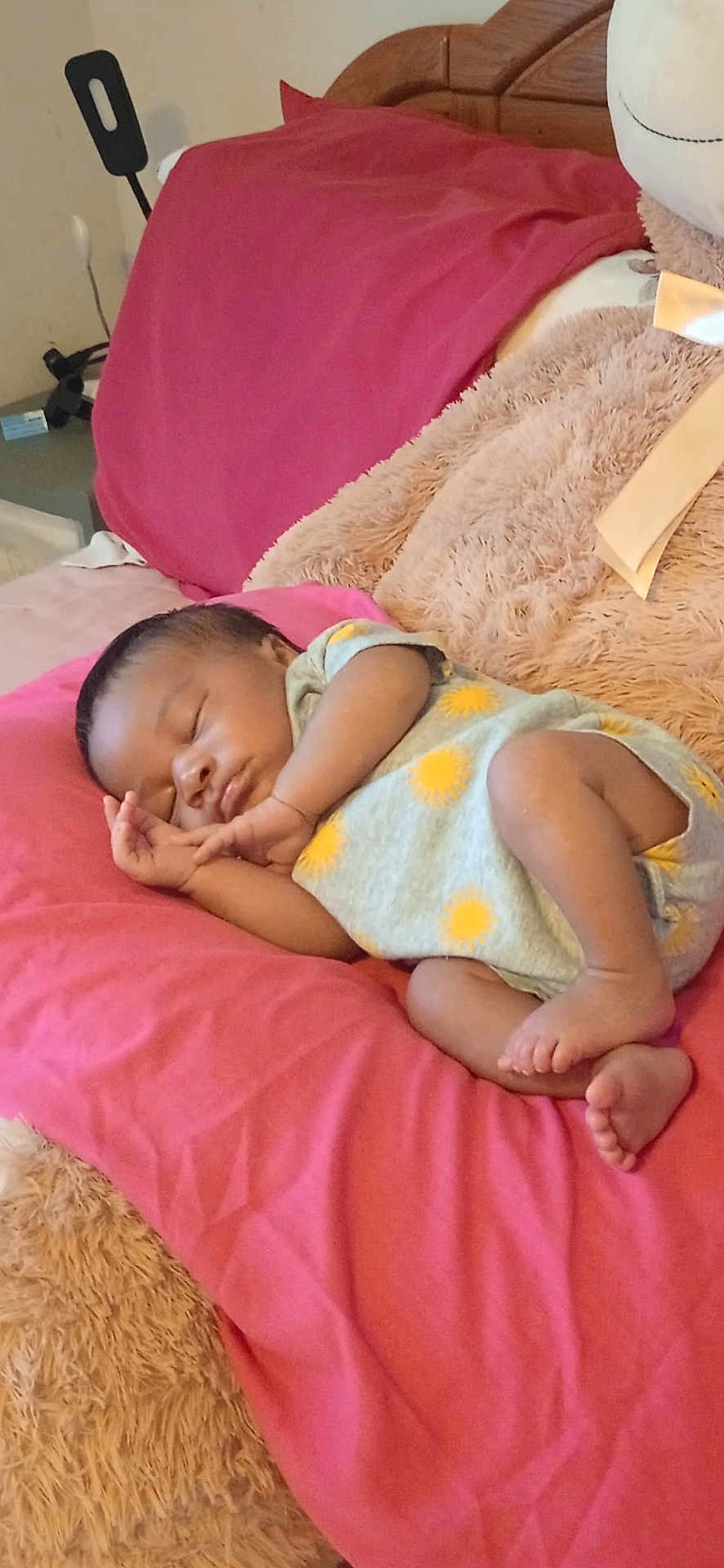 Jamari joined the competition — help win amazing prizes! baby, sleeping, blanket, pink, teddy_bear, stuffed_animal, infant, cozy, cute, child, soft, couch, furniture, resting, indoors, peaceful, adorable, person, laying, comfort