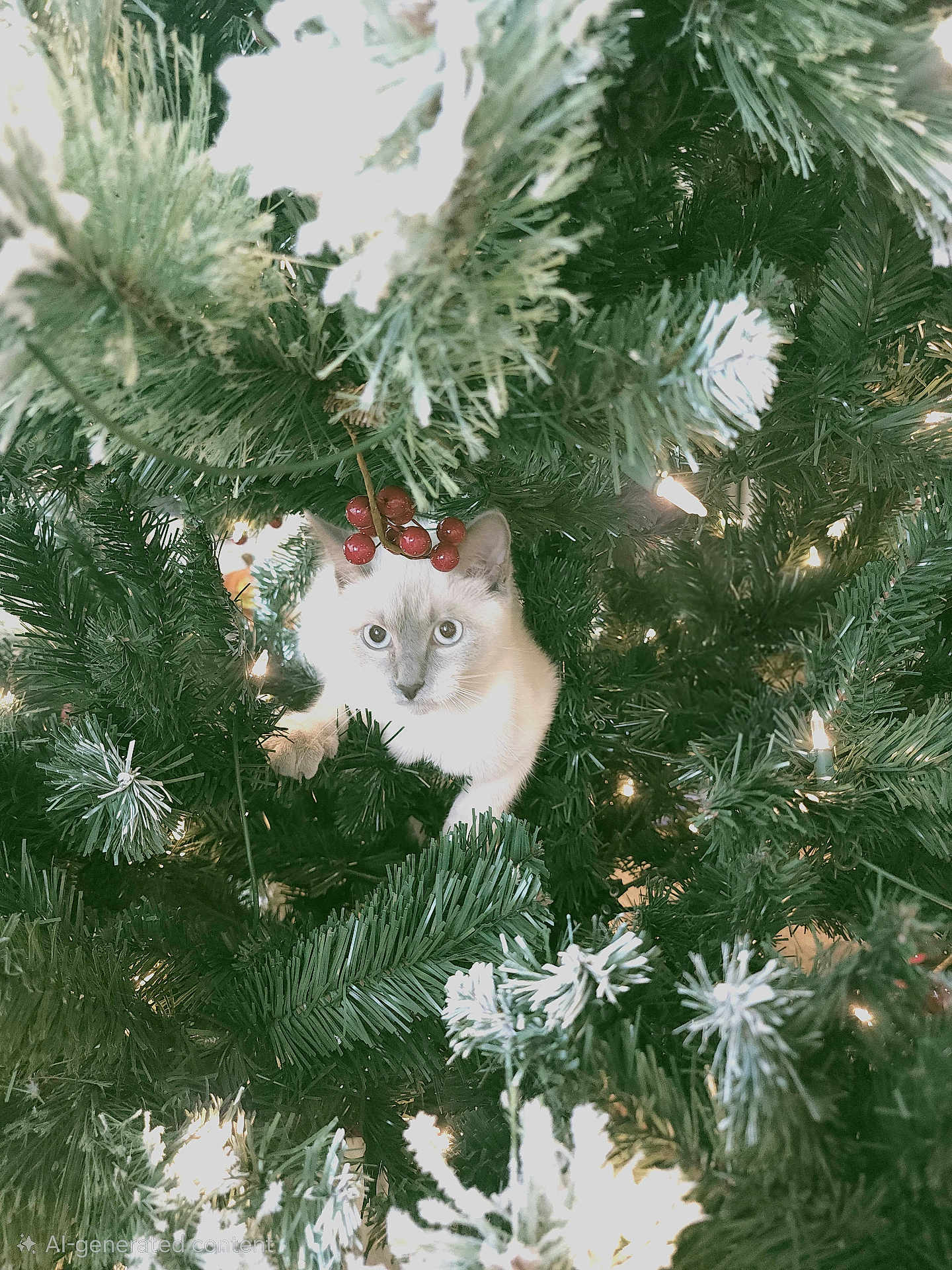 Alorah joined the competition — help win amazing prizes! cat, kitten, christmas_tree, pine_needles, greenery, holiday_lights, red_berries, curious, pet, animal, indoor, festive, decorations, nature, cute, fur, playful, tree_branch, white_lights, holiday