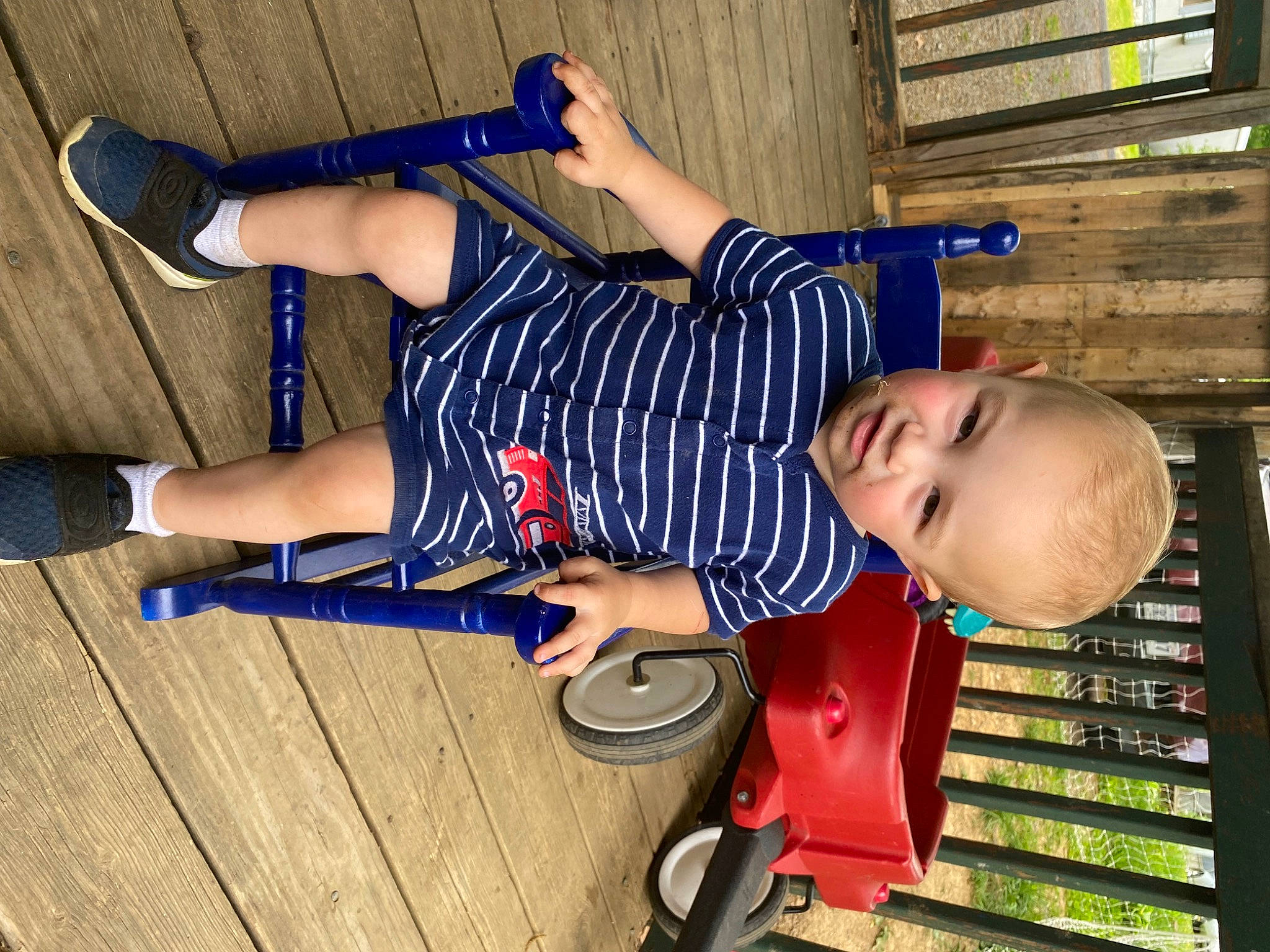 Brantley joined the competition — help win amazing prizes! baby, baby_toddler_clothing, blue, child, electric_blue, footwear, fun, human_leg, knee, leg, person, product, sandal, shoe, smile, sneakers, sock, sportswear, thigh, toddler