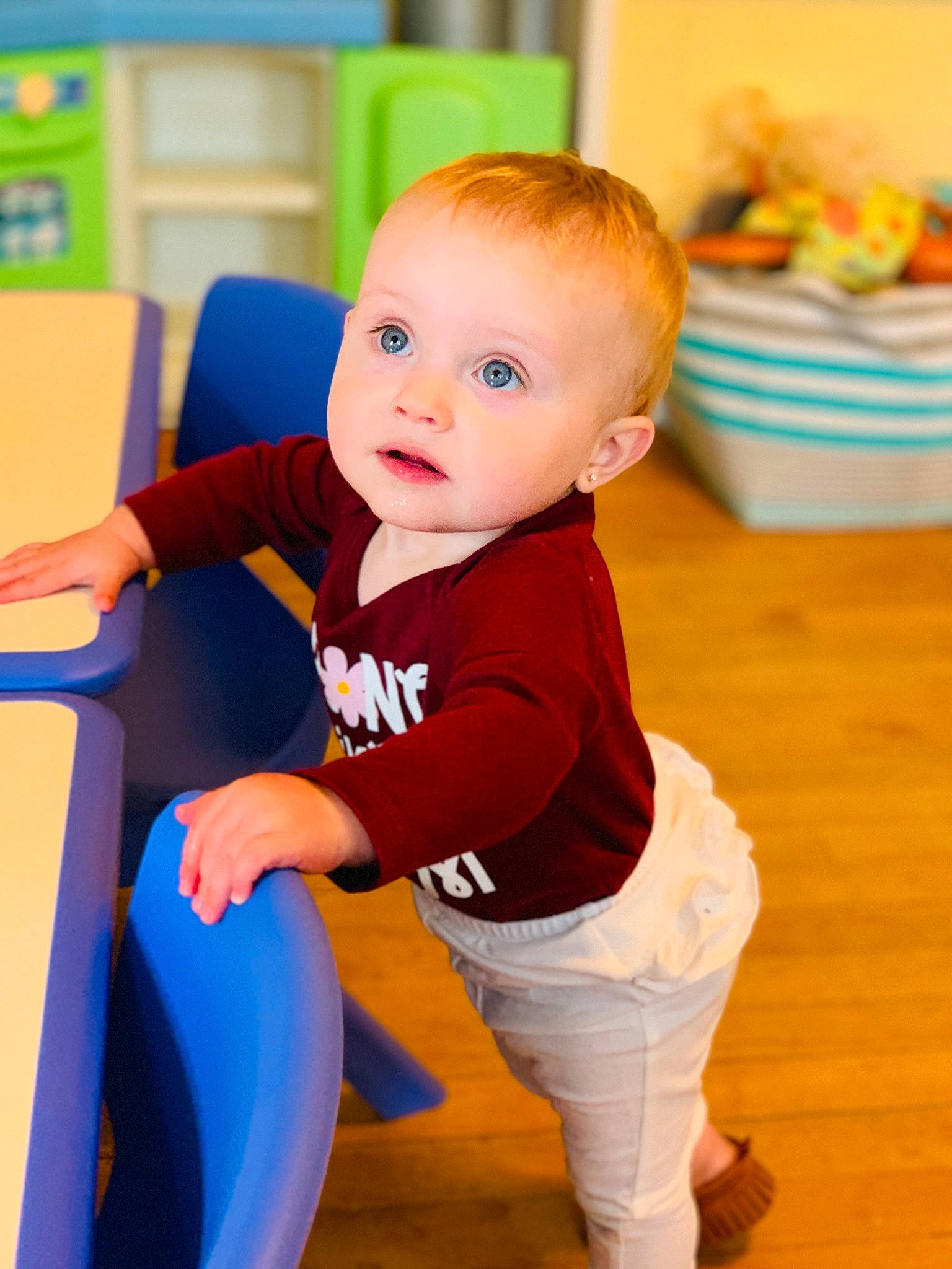 Kynzlee is registered to the contest to win money with this photo: baby, baby_playing_with_toys, baby_products, baby_toys, child, person, play, product, standing, surprise, toddler, toy, yellow