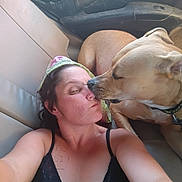 Awesome joined the competition — help win amazing prizes! affection, animal, black_clothing, casual, couch, dog, domestic, face, human, indoor, interaction, love, nose_touch, pet, pillow, relaxation, selfie, skin, tattoo, woman