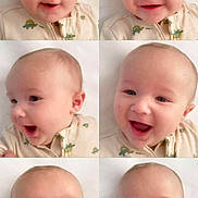 Clay is registered to the contest to win money with this photo: baby, portrait, collage, smiling, cute, infant, dinosaur_pattern, onesie, expression, face, child, white_background, closeup, happy, young, person, head, skin, eyes, mouth