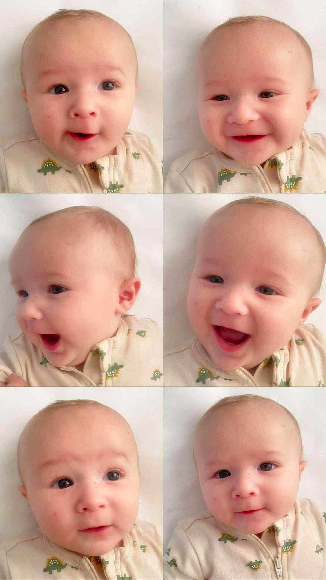Clay is registered to the contest to win money with this photo: baby, portrait, collage, smiling, cute, infant, dinosaur_pattern, onesie, expression, face, child, white_background, closeup, happy, young, person, head, skin, eyes, mouth