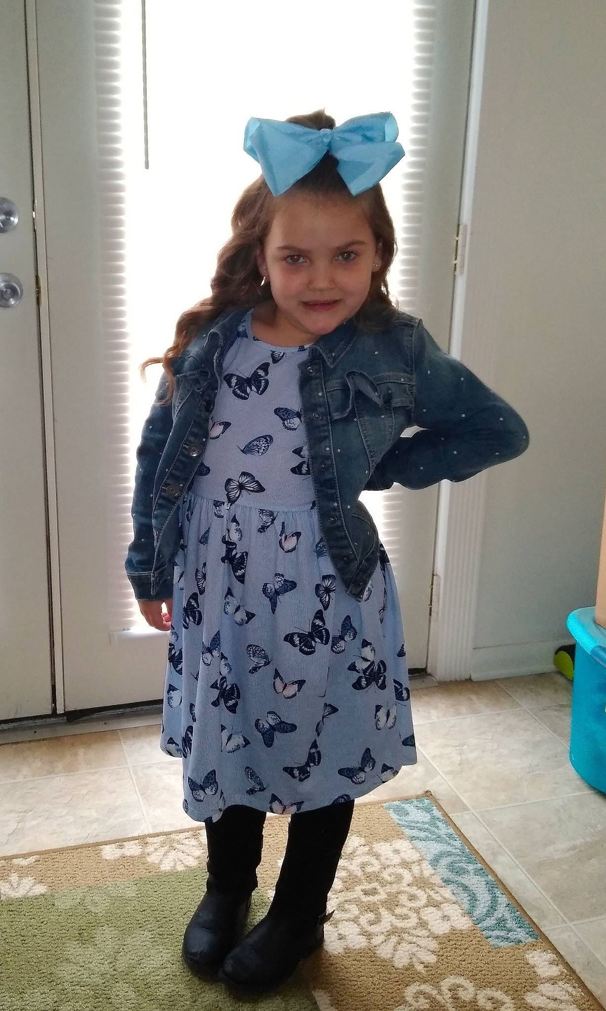 Breilyn joined the competition — help win amazing prizes! blue, child, clothing, coat, costume, dress, footwear, headgear, outerwear, person, smile, tights, toddler