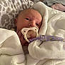 baby, pacifier, blanket, bed, infant, purple, white, soft, cute, wrapped, cozy, newborn, sleeping, face, hand, bedroom, comfort, toddler, child, rest