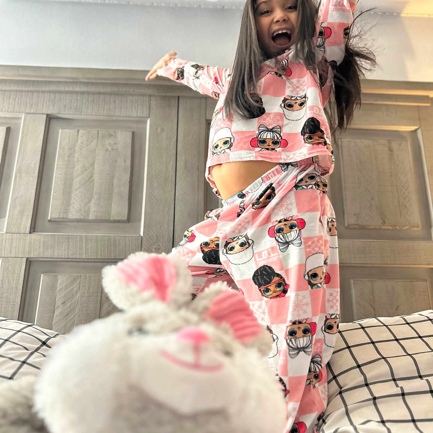 Mackenzie joined the competition — help win amazing prizes! child, clothing, face, female, girl, happy, head, pajamas, person, toy, yawning