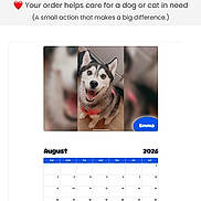 Emma Woods is registered to the contest to win money with this photo: dog, siberian_husky, pet, calendar, august, 2026, smiling, indoor, wood_floor, website, blue_header, text, heart_emoji, animal, portrait, happy, fur, pawidols, photo, name_tag