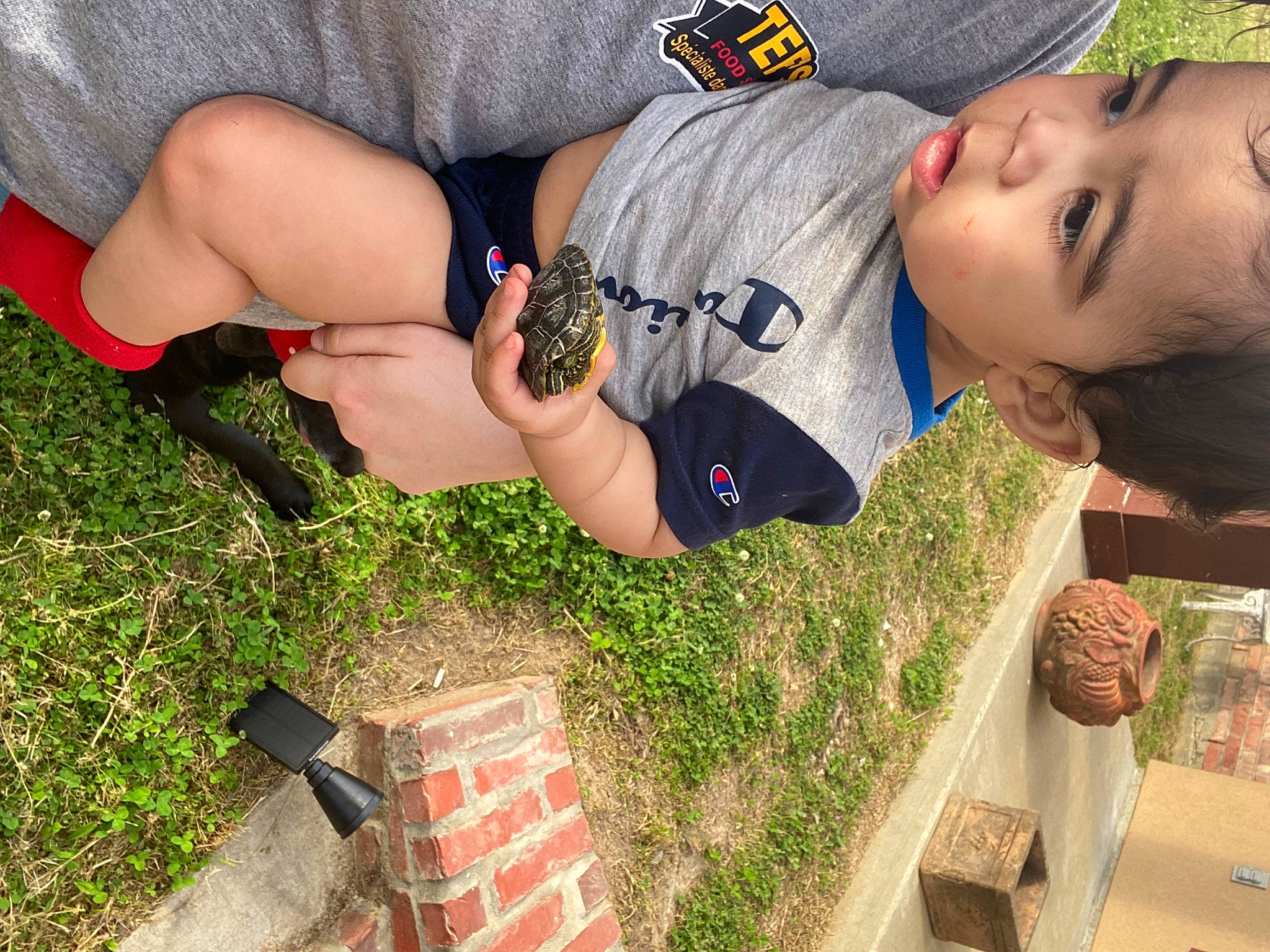 Kaison is registered to the contest to win money with this photo: baseball_cap, cap, child, elbow, finger, fun, gesture, grass, happy, jersey, lawn, pattern, person, personal_protective_equipment, player, soil, sports_gear, t_shirt, thumb, toddler