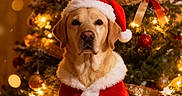Jaden participe au concours pour gagner de l'argent avec cette photo : animal, canine, celebration, christmas_tree, cute, decorations, dog, festive, golden_retriever, holiday, indoor, lights, ornaments, pet, portrait, ribbon, santa_claus_costume, santa_hat, seasonal, winter