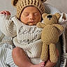 baby, bear_hat, blanket, chair, closeup, cozy, cream_colors, crochet, feet, indoor, infant, knitted_hat, newborn, peaceful, portrait, sleeping, stuffed_animal, sweater, teddy_bear, textile