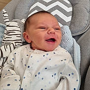 Albie Hallett-Oinn is registered to the contest to win money with this photo: baby, blue, child, cozy, cushion, cute, gray, happy, indoor, infant, newborn, onesie, plush_toy, polka_dots, portrait, seat, smiling, soft, white, zebra_toy