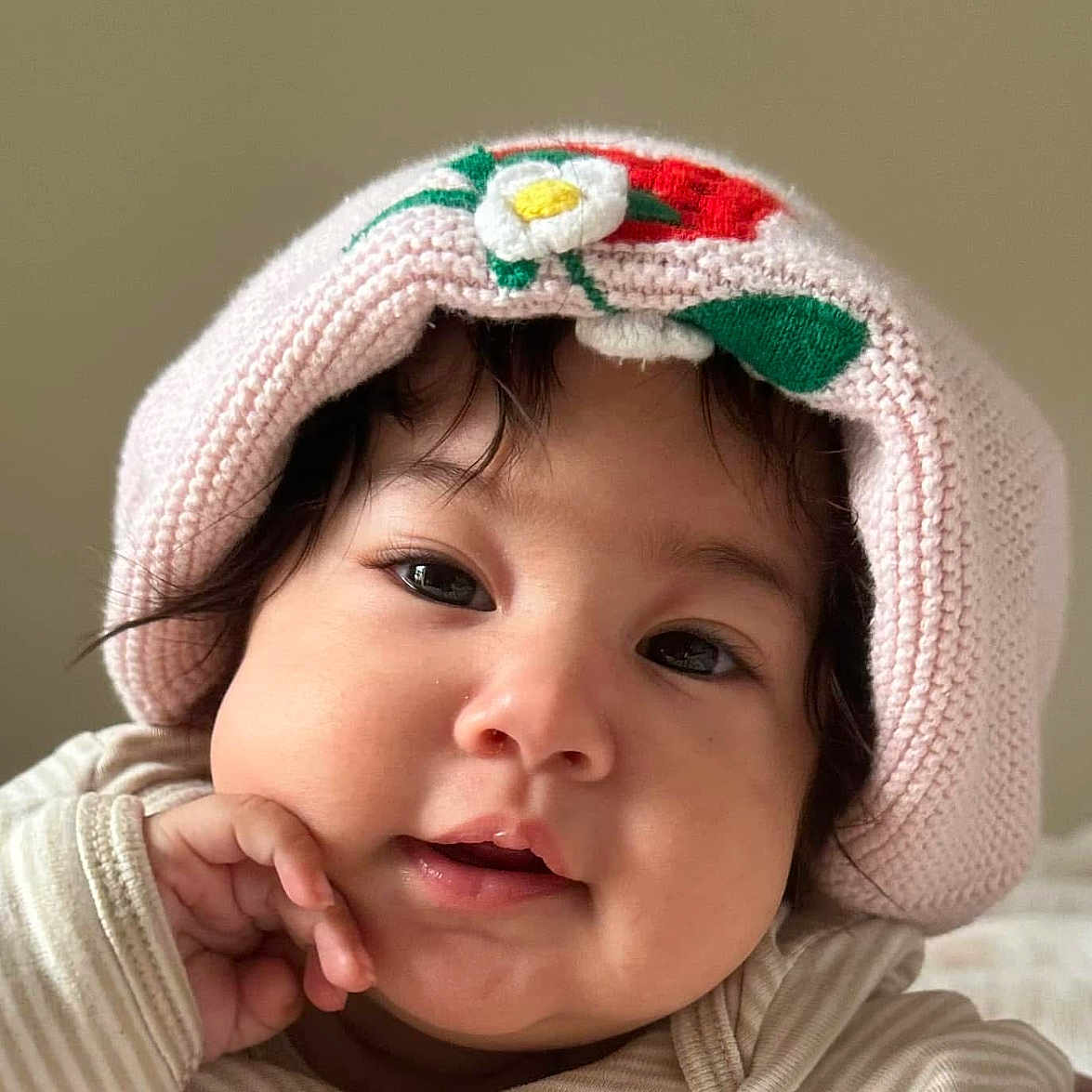 Arianni joined the competition — help win amazing prizes! baby, baseballcap, beanie, bodypart, bonnet, cap, clothing, face, finger, hand, happy, hat, head, hood, knitwear, person, photography, portrait, smile, sweater
