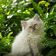 Bounty participe au concours pour gagner de l'argent avec cette photo : animal, background_blur, blue_eyes, cat, cute, ferns, fluffy, fur, greenery, kitten, mammal, nature, outdoor, pet, plants, portrait, sitting, soft_light, whiskers, young_animal