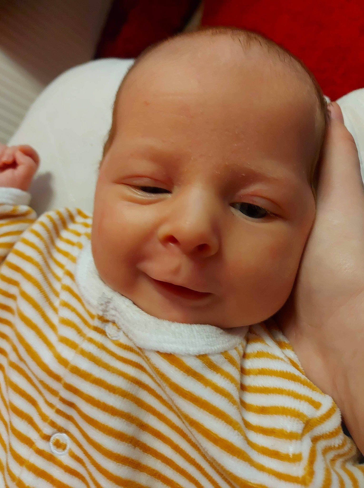 Sacha participe au concours pour gagner de l'argent avec cette photo : baby, baby_toddler_clothing, cheek, child, chin, collar, comfort, event, eyelash, happy, iris, lip, nose, pattern, person, skin, sleeve, smile, thumb, toddler