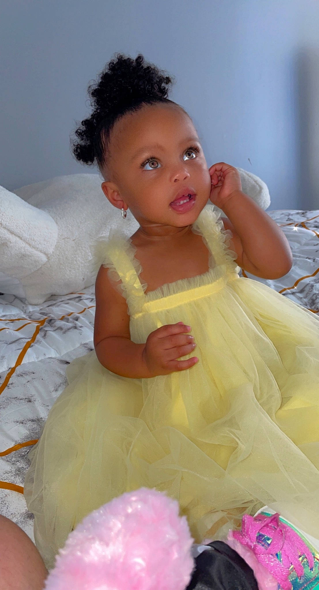 Saya is registered to the contest to win money with this photo: baby_toddler_clothing, bridal_accessory, child, day_dress, dress, embellishment, face, formal_wear, happy, head, headpiece, iris, person, petal, pink, ruffle, shoulder, skin, textile, toddler