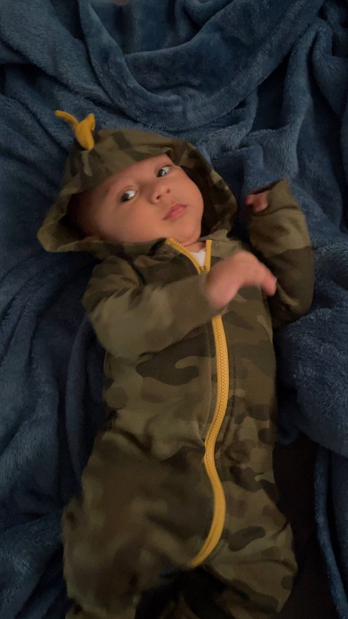 Mateo is registered to the contest to win money with this photo: baby, brown_hair, cheek, child, comfort, eye, fun, fur, gesture, hand, headwear, iris, linens, person, sitting, sleeve, textile, toddler, tree