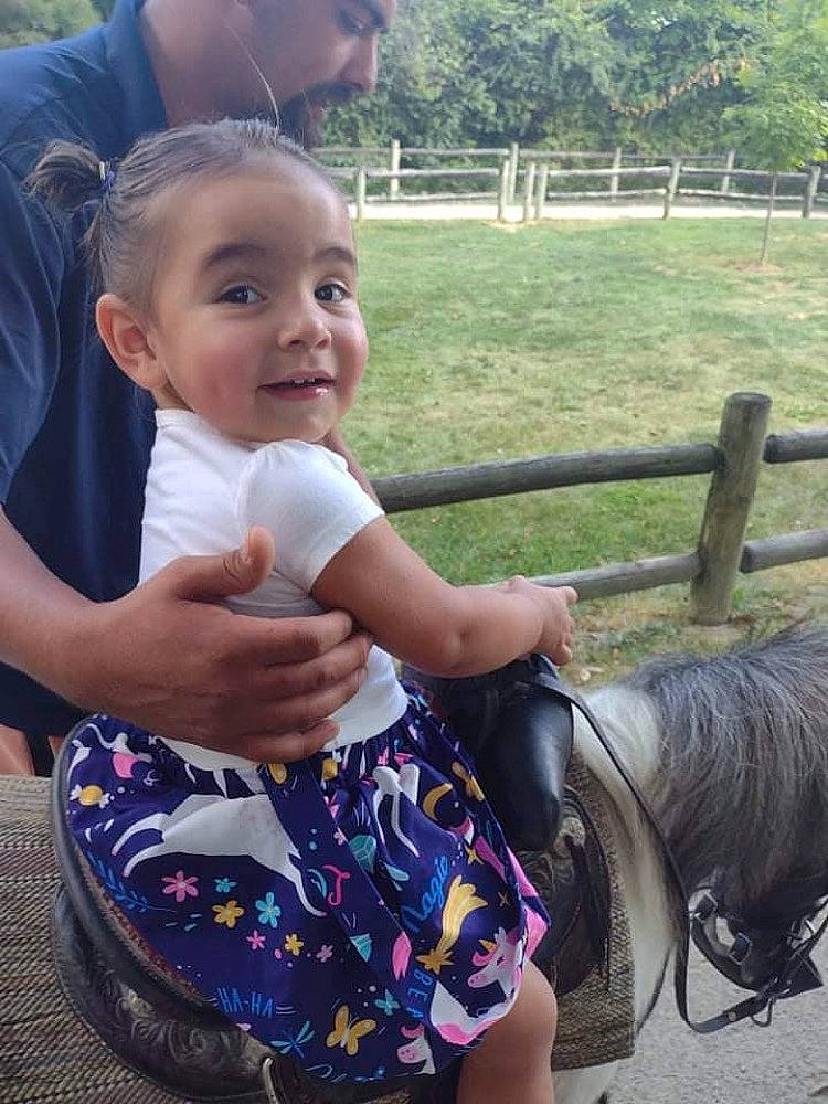 Mila is registered to the contest to win money with this photo: bridle, eye, fence, fun, grass, hair, hairstyle, happy, head, horse, horse_supplies, horse_tack, joy, person, plant, recreation, rein, skin, smile, toddler