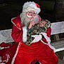 Lyle is registered to the contest to win money with this photo: santa_claus, baby, bench, outdoor, night, holiday, christmas, costume, beard, glasses, camouflage, infant, person, red_clothing, white_fur, gloves, tree, park, festive_lights, sleeping