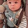 Nélyo participe au concours pour gagner de l'argent avec cette photo : baby, infant, overalls, striped_shirt, face, eyes, hand, baby_seat, plush_toy, safety_harness, cute, child, young, indoor, clothing, seatbelt, young_child, person, portrait, soft_toy