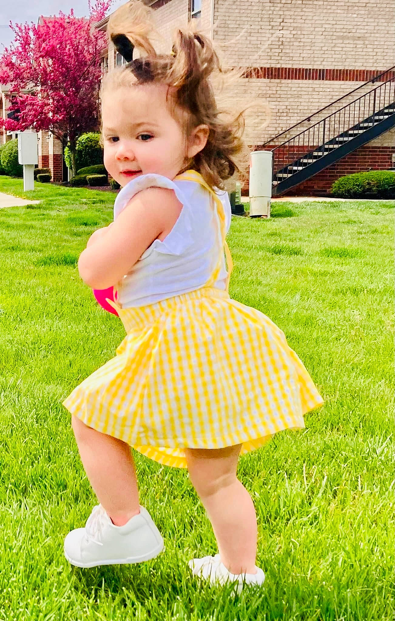 Everleigh joined the competition — help win amazing prizes! baby, baby_toddler_clothing, child, fun, grass, grass_family, grassland, happy, leisure, meadow, pattern, people_in_nature, person, pink, plaid, plant, play, recreation, summer, toddler