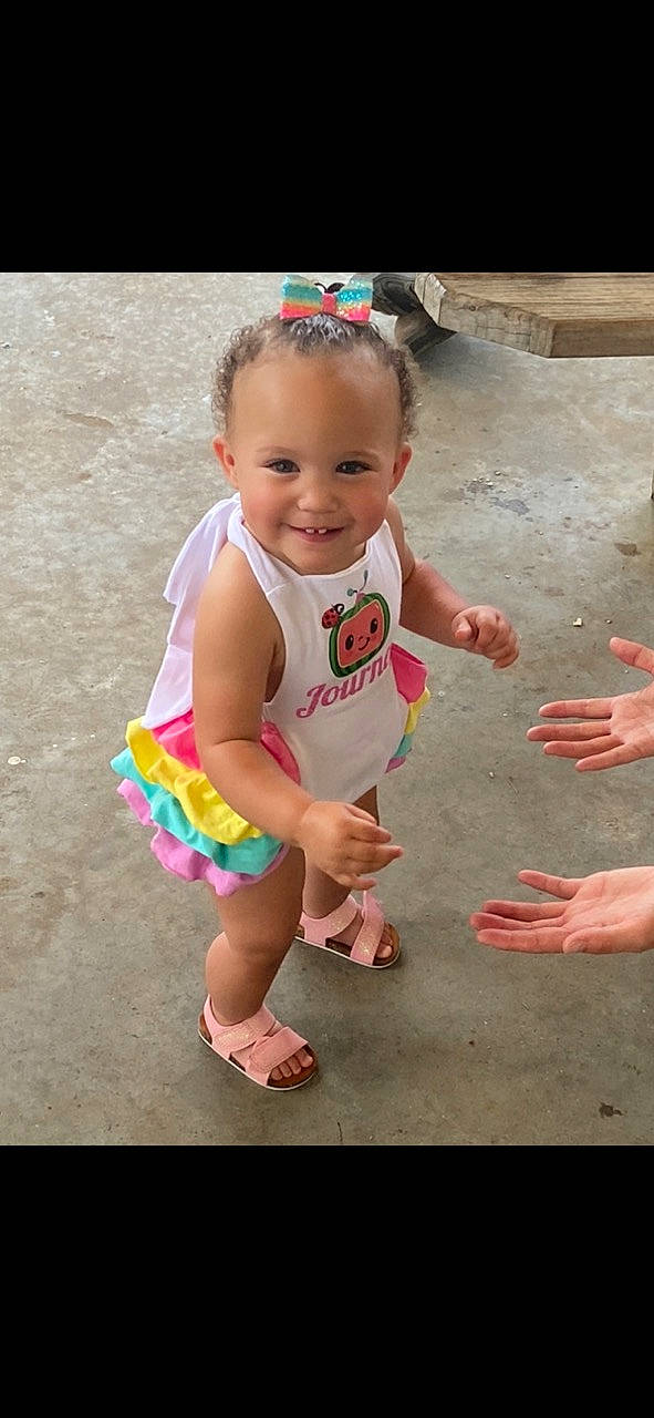 Journey joined the competition — help win amazing prizes! baby, baby_toddler_clothing, child, face, foot, fun, hairstyle, hand, happy, head, human_body, joy, leg, leisure, person, pink, play, recreation, sandal, skin