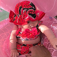 Tiyana participe au concours pour gagner de l'argent avec cette photo : baby, child, swimsuit, hat, watermelon_pattern, inflatable_float, pink, water, hand, adult, sunlight, summer, outdoor, cute, chubby, skin, sitting, holding, vacation, playful