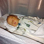 Waylen is registered to the contest to win money with this photo: baby, sleeping, crib, blanket, mesh, infant, child, pajamas, dinosaur_pattern, bed, resting, cute, soft, cozy, indoors, peaceful, newborn, toddler, comfort, sleepwear