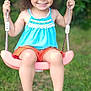 child, girl, swing, outdoor, grass, hat, smile, happy, summer, play, toy, footwear, sandals, greenery, cute, portrait, sunlight, rope, colorful_clothing, nature
