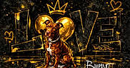 Bueno a rejoint le concours — aidez-le/la à gagner de superbes lots ! dog, graffiti, urban_art, love, heart, crown, brown_dog, digital_art, street_art, sitting_dog, portrait, dark_background, yellow, orange, collar, artwork, canine, expression, illustration, texture