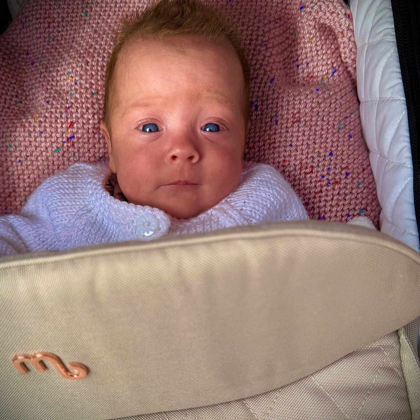 Esmae is registered to the contest to win money with this photo: baby, beige, blanket, blue_eyes, child, closeup, cozy, cute, expression, face, indoor, infant, knitwear, newborn, person, pink_blanket, portrait, stroller, warm, young