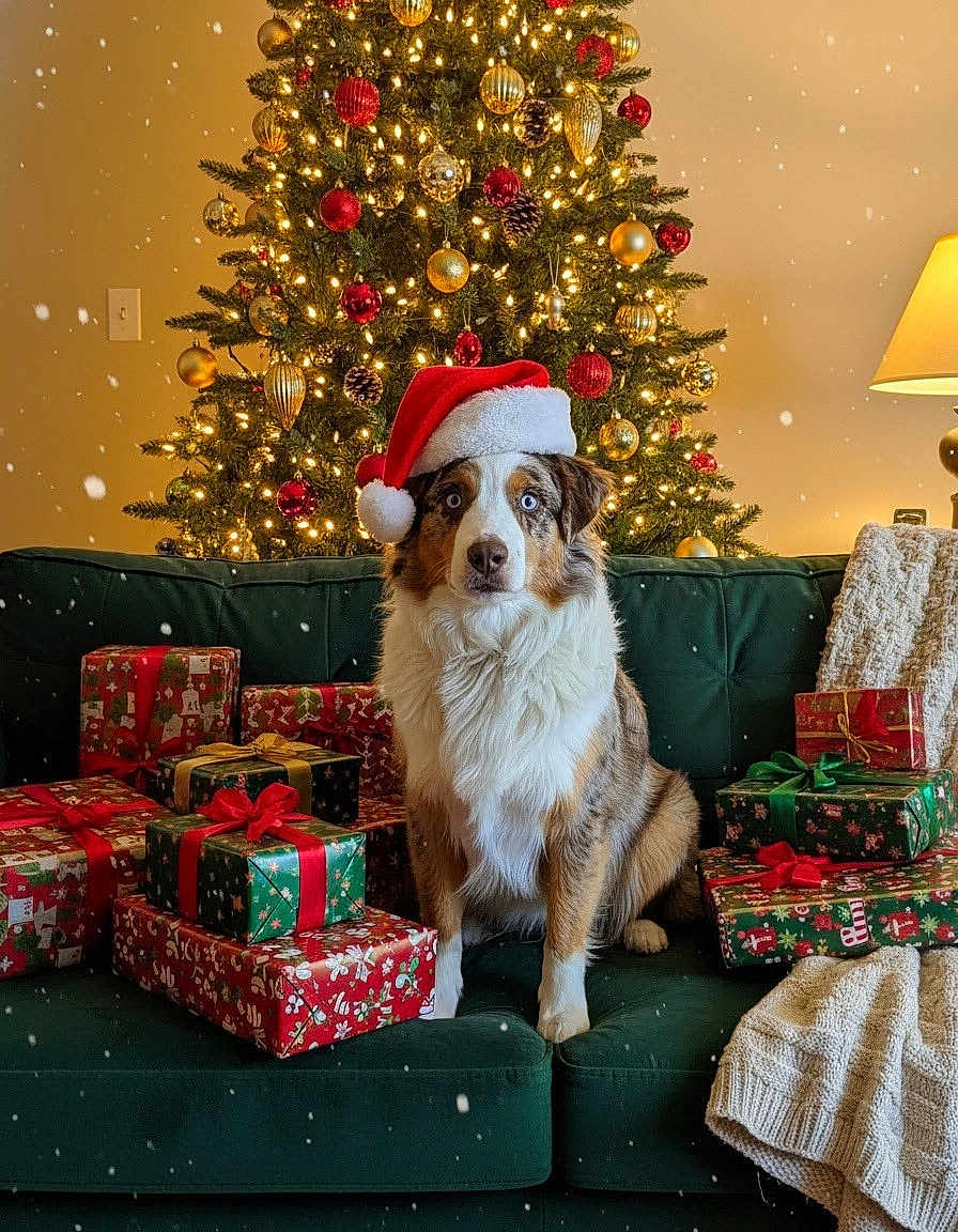 Murphy joined the competition — help win amazing prizes! dog, santa_hat, christmas_tree, christmas_presents, couch, holiday, decorations, lights, ornaments, indoor, festive, snowflakes, wrapped_gifts, cozy, green_couch, lamp, blanket, pine_cones, red, gold