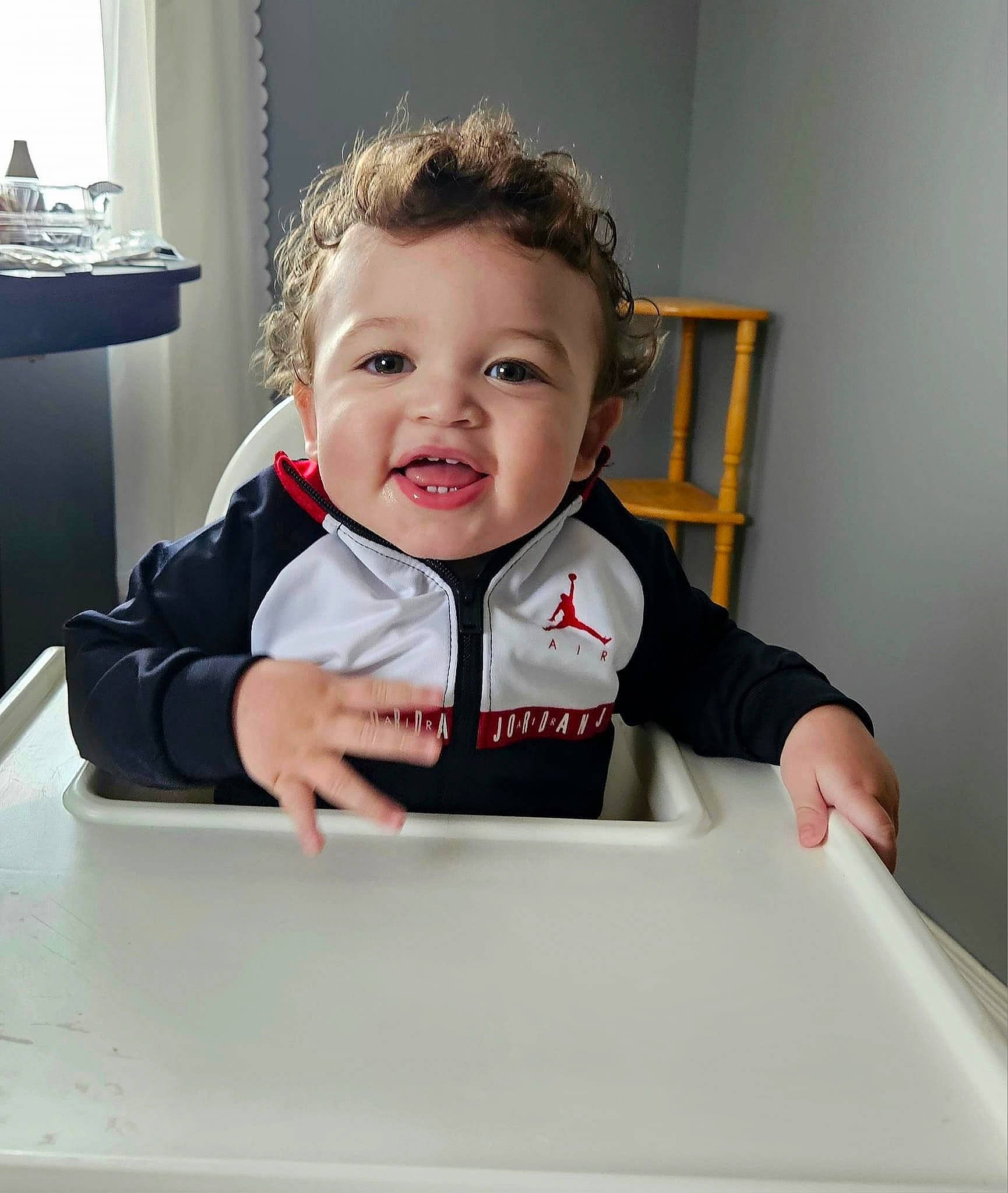 Isaac joined the competition — help win amazing prizes! baby, baby_toddler_clothing, cabinetry, chair, cheek, child, comfort, desk, fun, happy, person, portrait_photography, rectangle, room, sitting, sleeve, smile, t_shirt, table, toddler