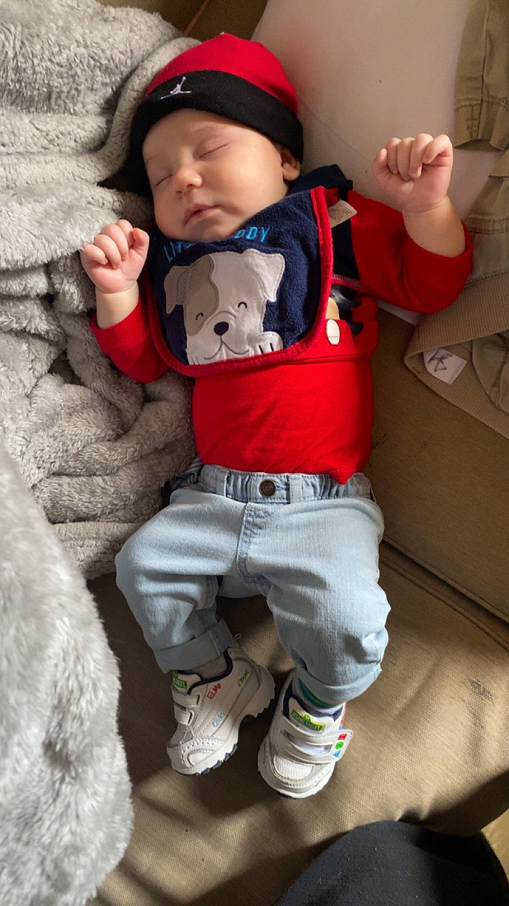 Kyson joined the competition — help win amazing prizes! arm, baby, baby_products, baby_sleeping, baby_toddler_clothing, bag, carmine, child, comfort, cool, fictional_character, hand, headwear, person, personal_protective_equipment, sitting, sleeve, t_shirt, textile, toddler
