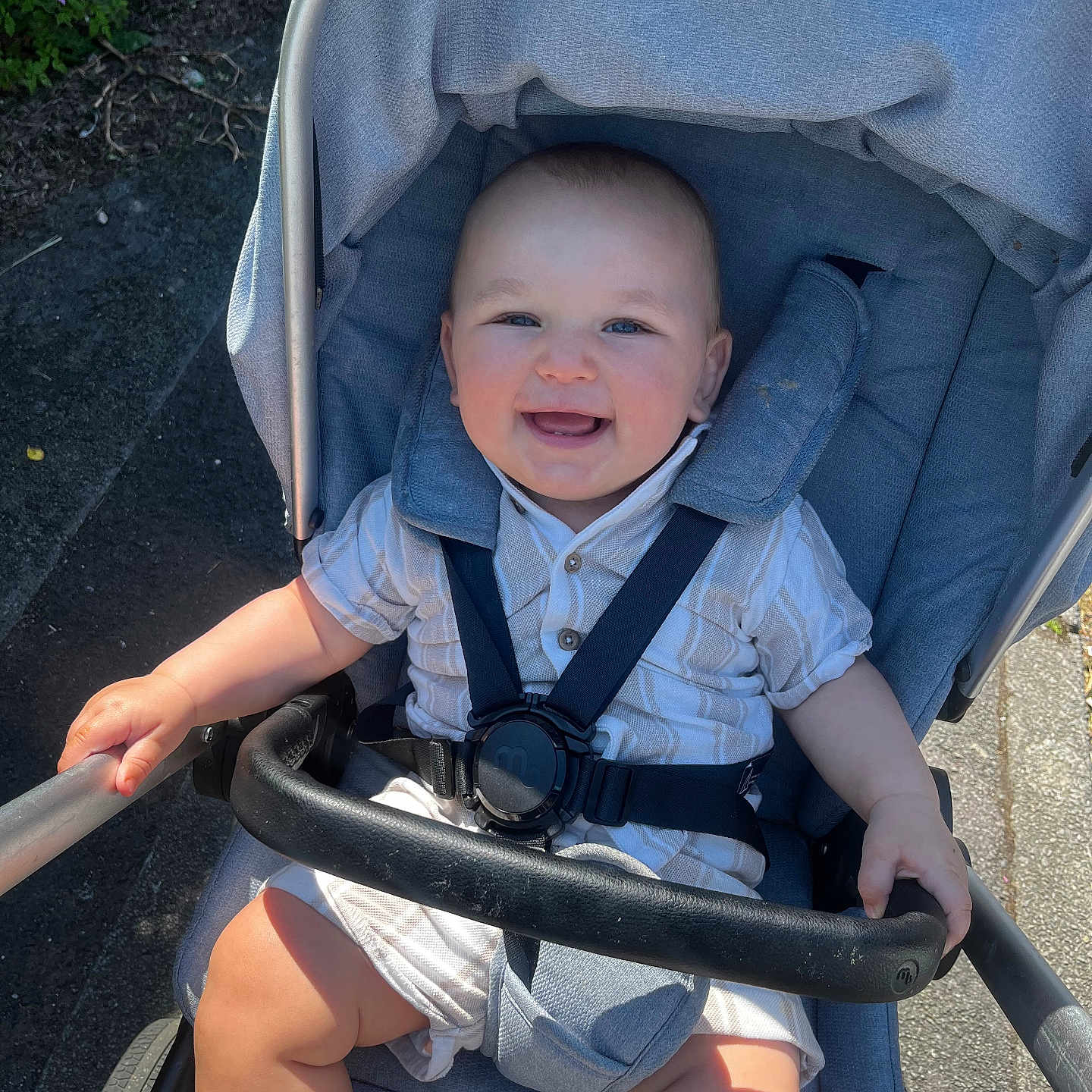 Luca-Ellis is registered to the contest to win money with this photo: baby, child, clothing, fabric, foot, greenery, hand, happy, harness, metal, nature, outdoor, pavement, person, seat, shade, smiling, stroller, sunlight, transport
