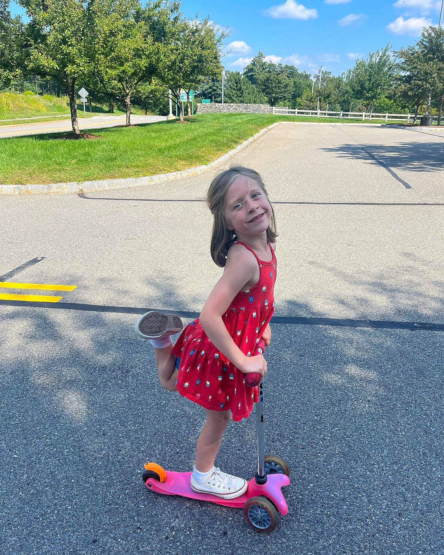 Evelyn joined the competition — help win amazing prizes! asphalt, cloud, dress, fun, grass, joy, leisure, line, people_in_nature, person, pink, plant, public_space, recreation, road_surface, sky, smile, summer, tire, toddler