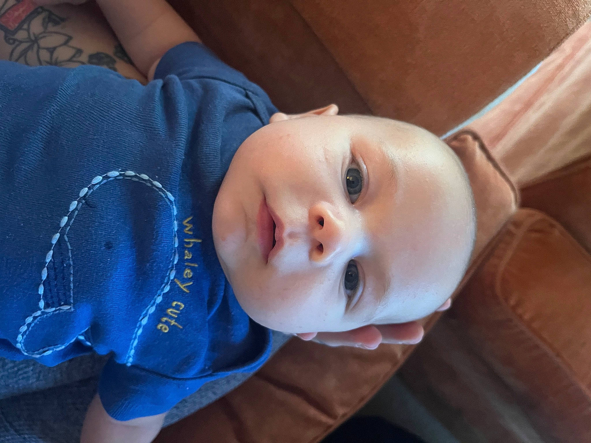 Elias is registered to the contest to win money with this photo: baby, baby_toddler_clothing, cheek, child, comfort, electric_blue, eyelash, happy, iris, lip, nose, person, portrait_photography, sitting, skin, sleeve, smile, textile, toddler, wood