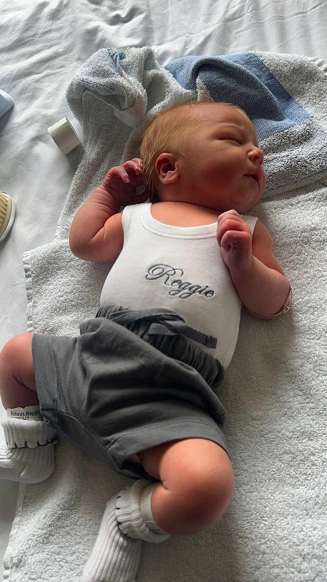 Reggie joined the competition — help win amazing prizes! baby, bed, bedroom, blanket, clothing, face, furniture, glove, head, newborn, pants, person, photography, portrait, quilt, shorts, skin, sleeping, t_shirt, tattoo