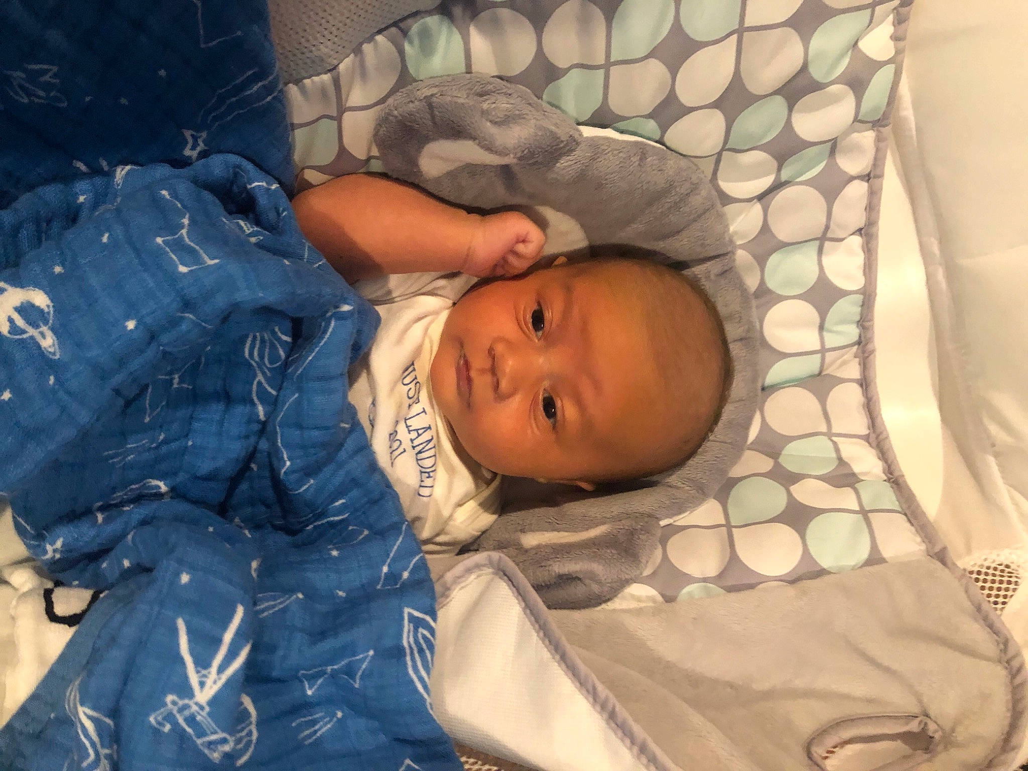 Lenox is registered to the contest to win money with this photo: baby, baby_products, baby_safety, baby_toddler_clothing, bedtime, cheek, child, comfort, electric_blue, eye, eyebrow, human_body, linens, mouth, nap, person, room, skin, sleep, textile