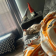 Milo joined the competition — help win amazing prizes! cat, sleeping_cat, pet, animal, couch, blanket, orange_blanket, plush_toys, gnomes, pointed_hats, living_room, home, indoor, sunlight, window, curtains, cozy, relaxing, nap, furniture