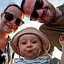 family, toddler, child, adult, sunglasses, hat, outdoor, smile, portrait, happy, casual_clothing, face, headwear, striped_shirt, sunlight, sky, parent, baby, closeup, fun
