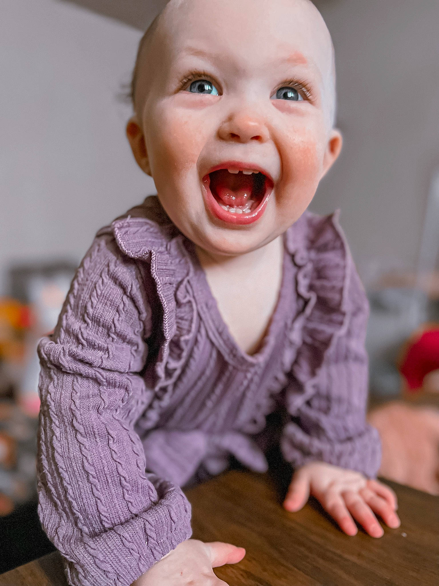 Jessica is registered to the contest to win money with this photo: baby, baby_laughing, baby_toddler_clothing, cheek, child, eyebrow, facial_expression, flooring, happy, iris, lip, nose, outerwear, person, pink, skin, sleeve, smile, toddler, tooth